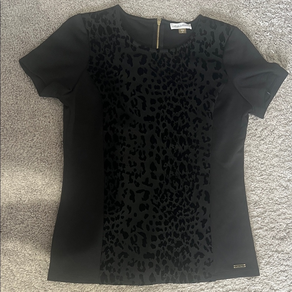 Calvin Klein Black Short-Sleeve Leopard-Panel Top